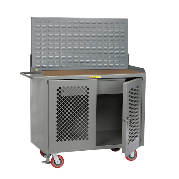 Mobile Bench, Perf Doors, 36"W, HD Drawer, Louvered, 1/4" Hardboard